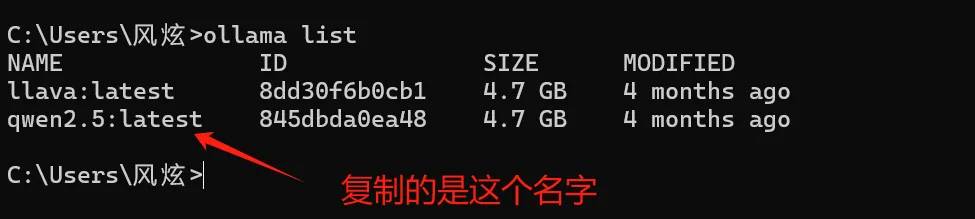 Output of ollama list showing installed model names