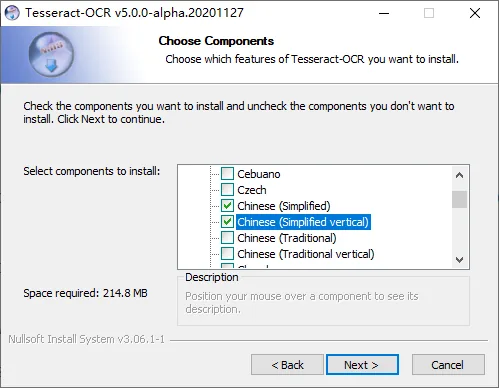 Selecting additional language packs in the Tesseract installer